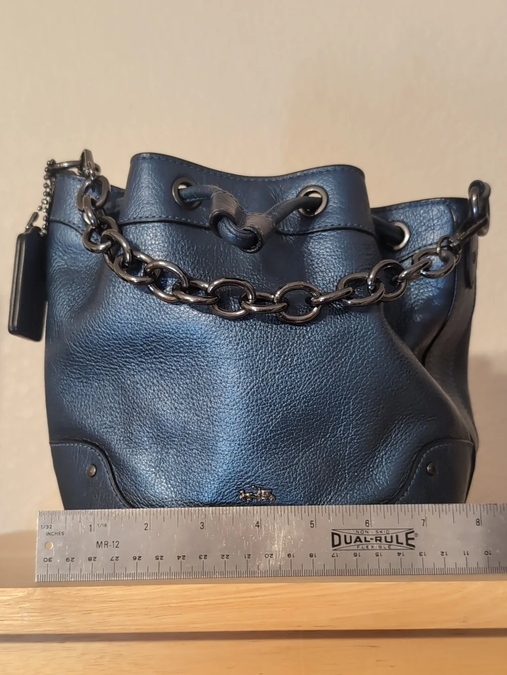 COACH Metallic Blue Baby Mackie Pebbled Leather Drawstring Hand/ Shoulder Bag